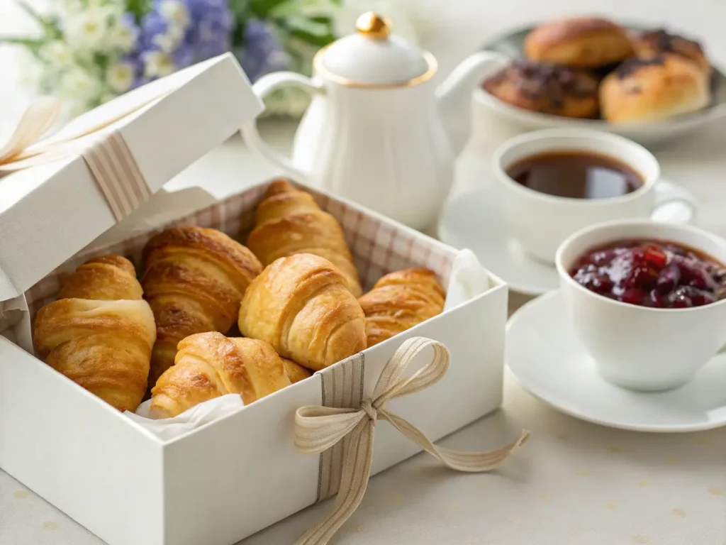 Mini Croissant: 10 Amazing Techniques for Perfect Pastries 4 mini croissants in bakery box with ribbon or serve