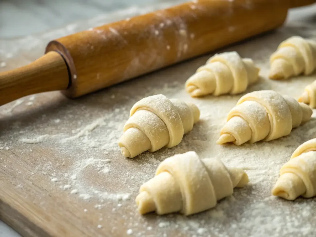 Mini Croissant: 10 Amazing Techniques for Perfect Pastries 3 mini croissants on floured surface with rolling pi